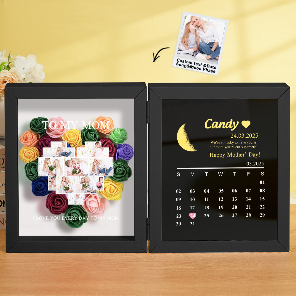 Personalized Flower Shadow Box with Moon Phase Calendar Hearts Flower Box Mother's Day Gift for Mom