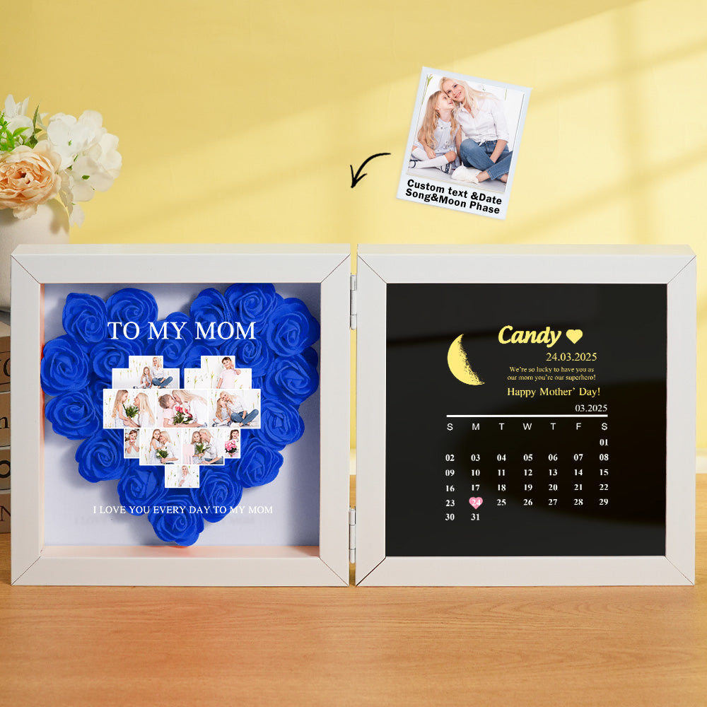 Personalized Flower Shadow Box with Moon Phase Calendar Hearts Flower Box Mother's Day Gift for Mom
