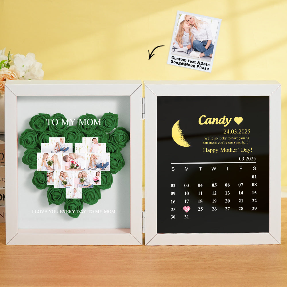 Personalized Flower Shadow Box with Moon Phase Calendar Hearts Flower Box Mother's Day Gift for Mom