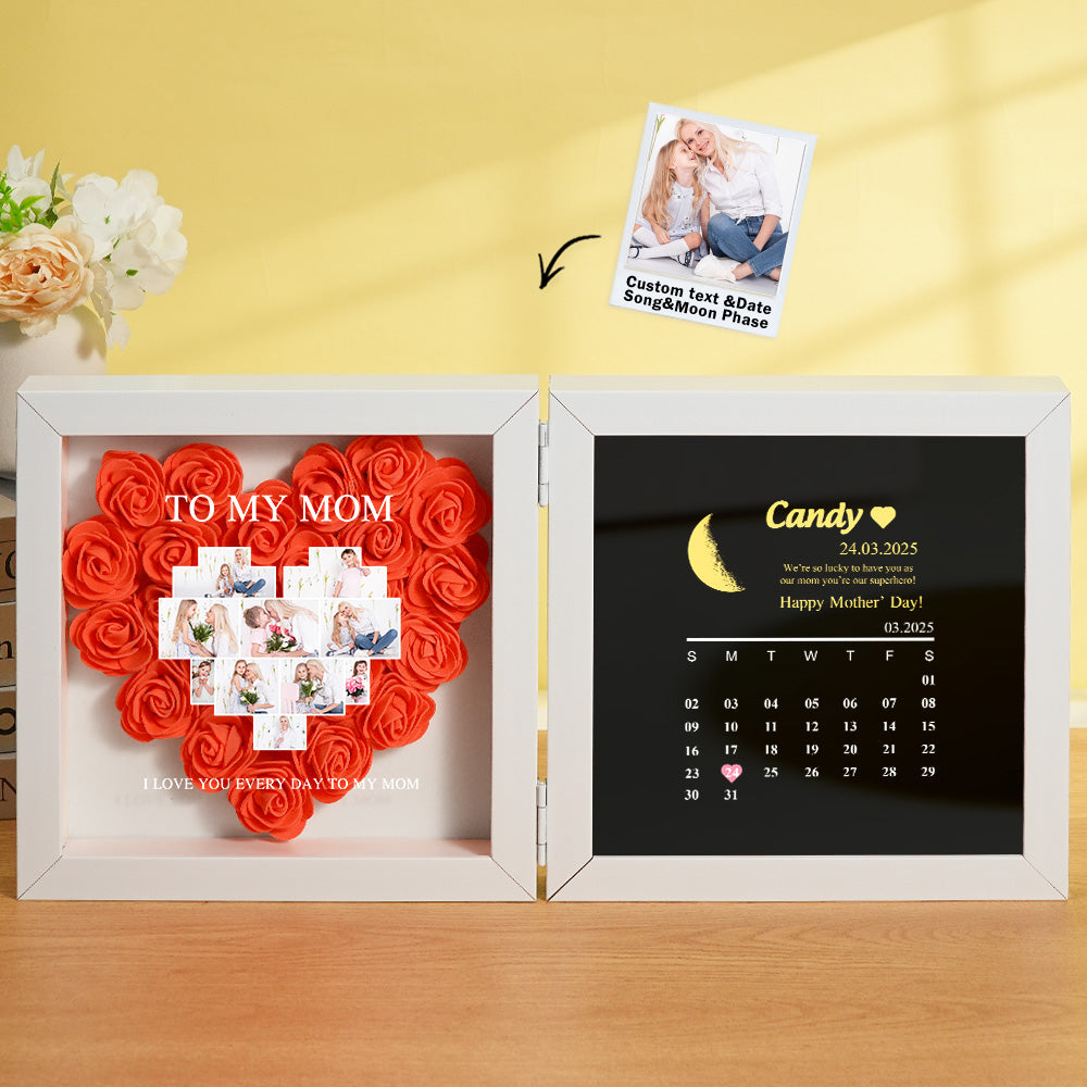 Personalized Flower Shadow Box with Moon Phase Calendar Hearts Flower Box Mother's Day Gift for Mom