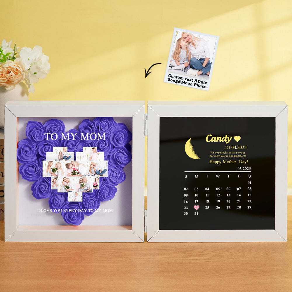 Personalized Flower Shadow Box with Moon Phase Calendar Hearts Flower Box Mother's Day Gift for Mom
