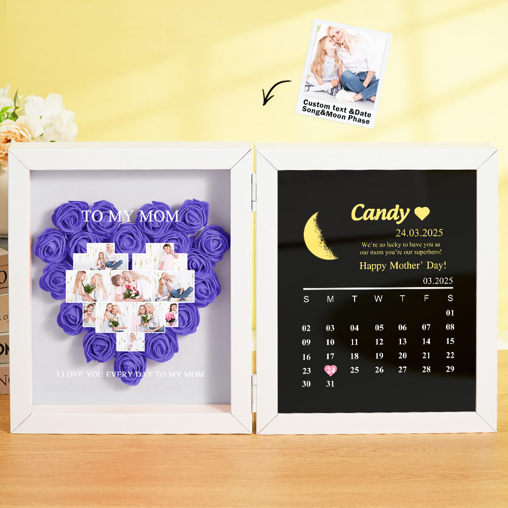 Personalized Flower Shadow Box with Moon Phase Calendar Hearts Flower Box Mother's Day Gift for Mom
