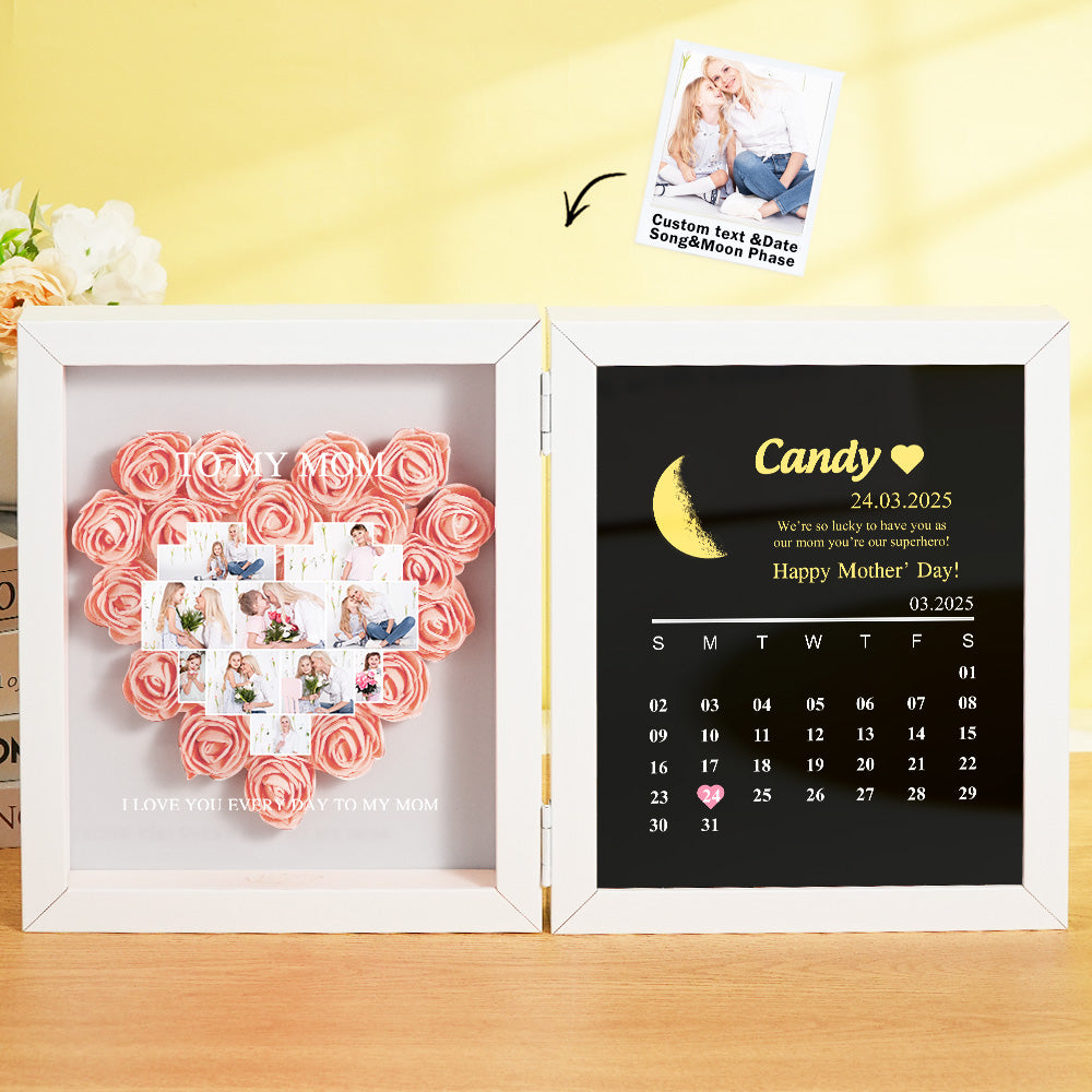 Personalized Flower Shadow Box with Moon Phase Calendar Hearts Flower Box Mother's Day Gift for Mom