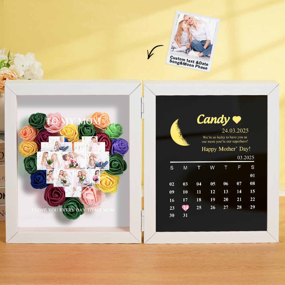 Personalized Flower Shadow Box with Moon Phase Calendar Hearts Flower Box Mother's Day Gift for Mom