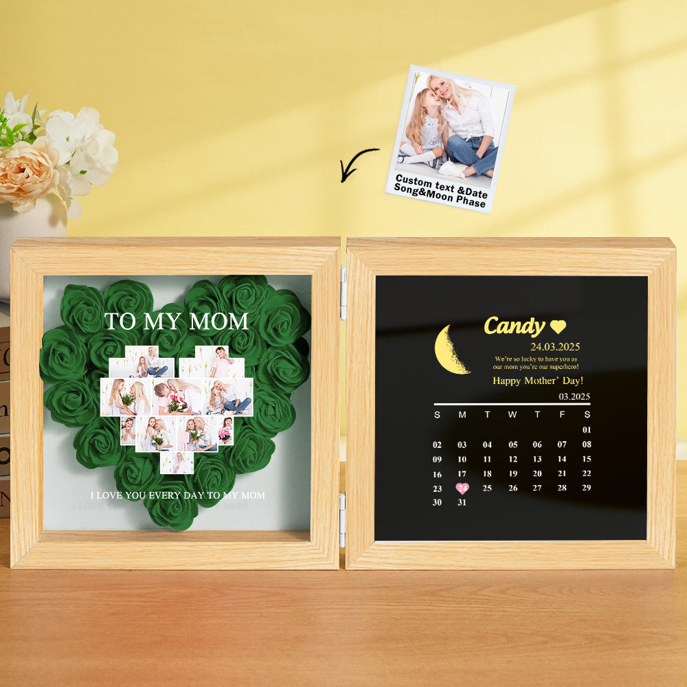 Personalized Flower Shadow Box with Moon Phase Calendar Hearts Flower Box Mother's Day Gift for Mom