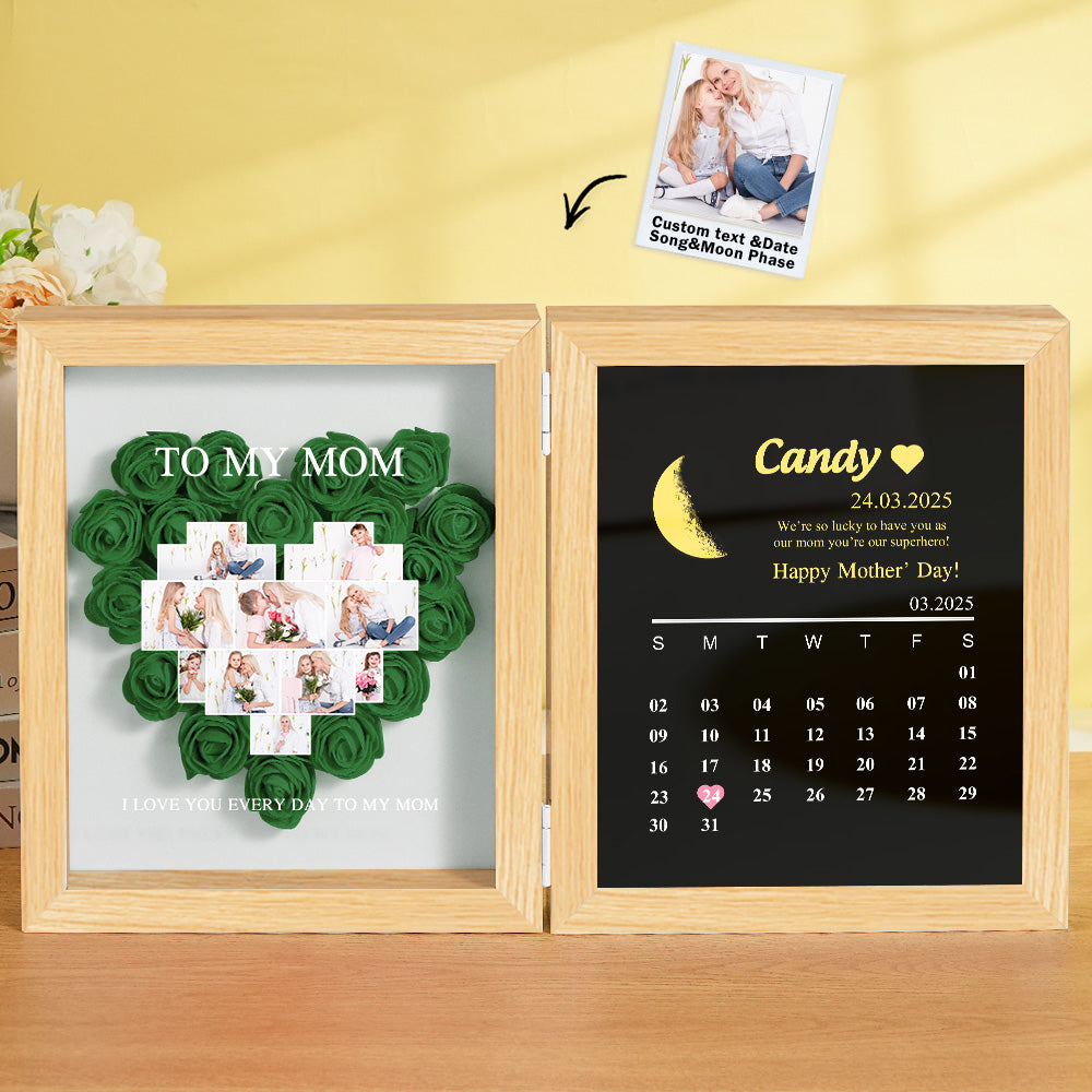 Personalized Flower Shadow Box with Moon Phase Calendar Hearts Flower Box Mother's Day Gift for Mom