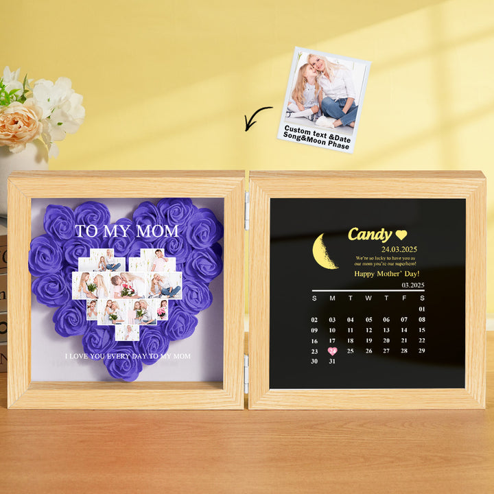 Personalized Flower Shadow Box with Moon Phase Calendar Hearts Flower Box Mother's Day Gift for Mom