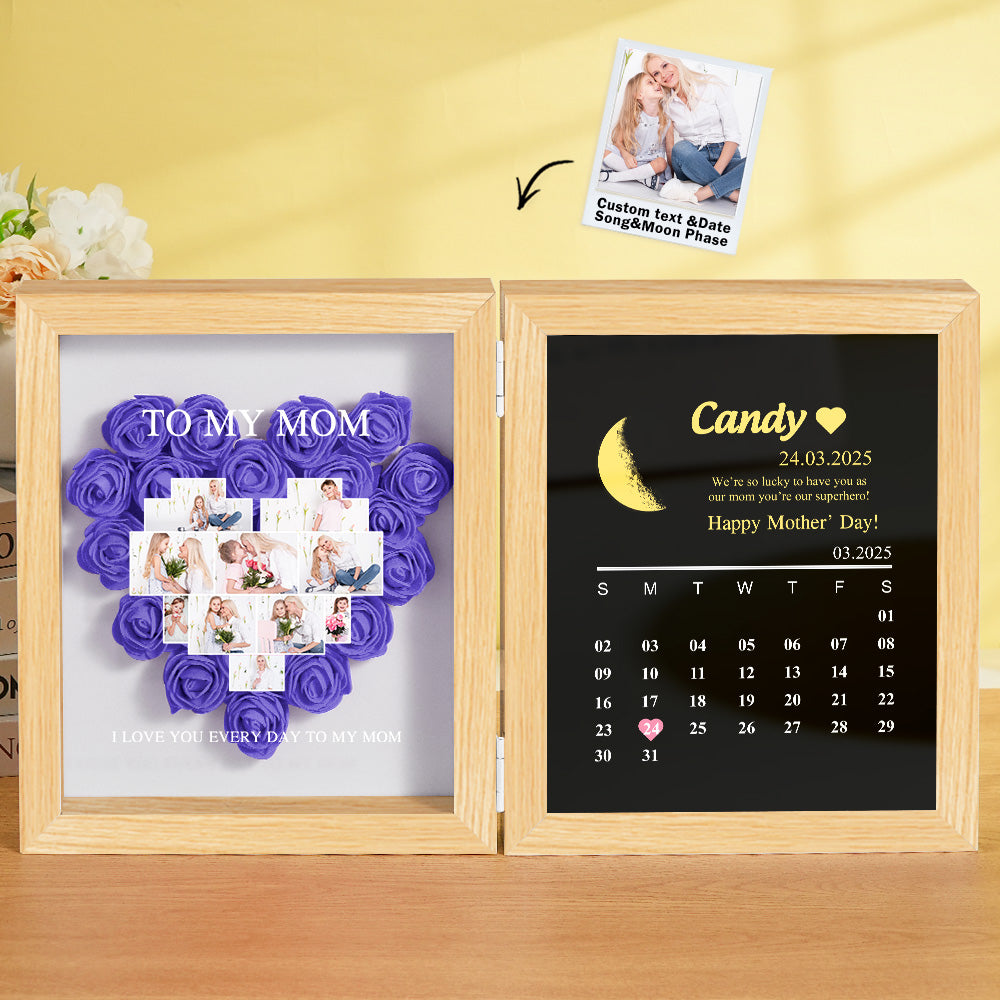 Personalized Flower Shadow Box with Moon Phase Calendar Hearts Flower Box Mother's Day Gift for Mom