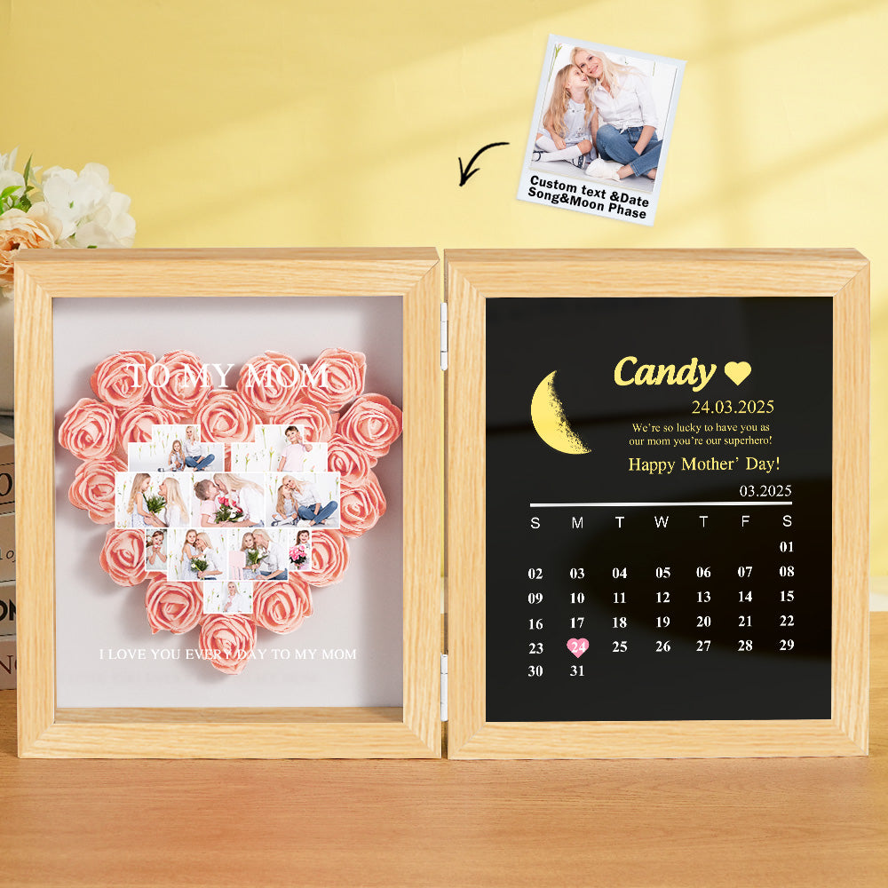 Personalized Flower Shadow Box with Moon Phase Calendar Hearts Flower Box Mother's Day Gift for Mom