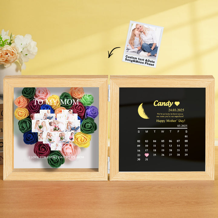 Personalized Flower Shadow Box with Moon Phase Calendar Hearts Flower Box Mother's Day Gift for Mom