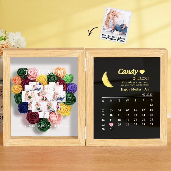 Personalized Flower Shadow Box with Moon Phase Calendar Hearts Flower Box Mother's Day Gift for Mom