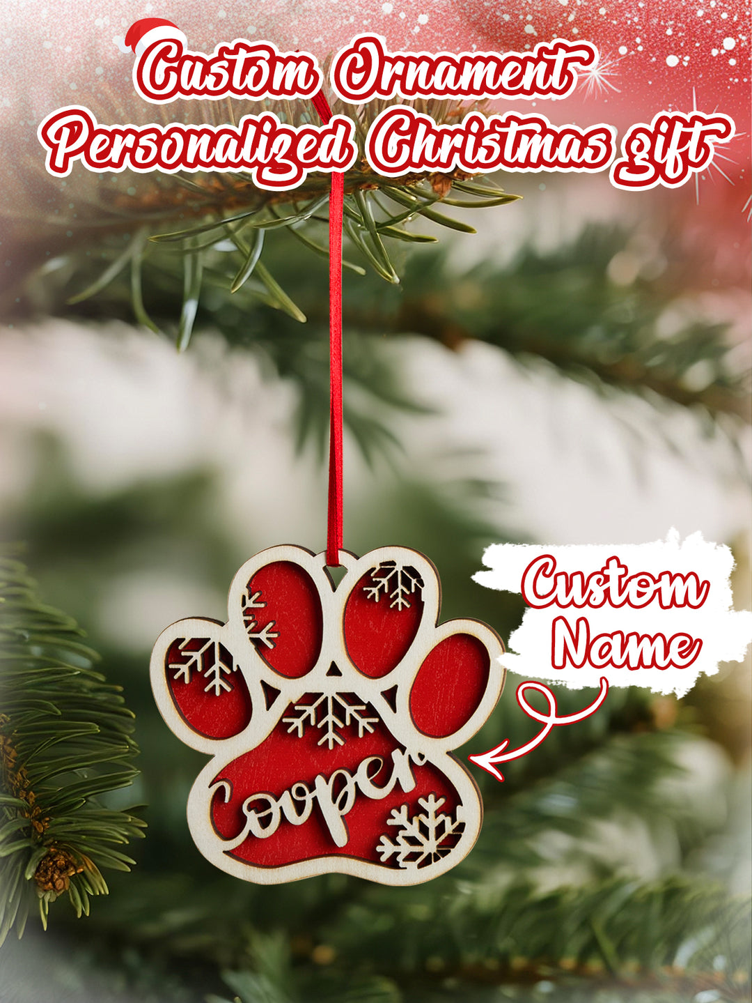 Personalized Dog Paw Snowflake Ornament – Custom Name Christmas Tree Decoration
