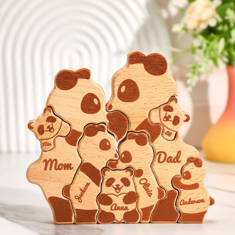 Custom Names Wooden Panda Family Block Puzzle Home Decor Gifts