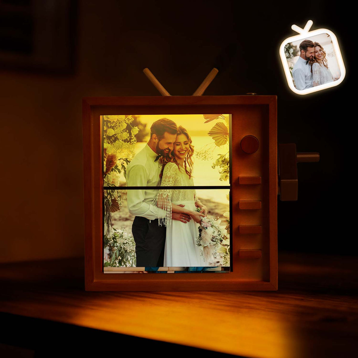 (16*16cm Large Size) Custom Photo Hand-cranked Flipbook Frame Vertical Television Animation Machine Photo Album with Light Memorial Gift