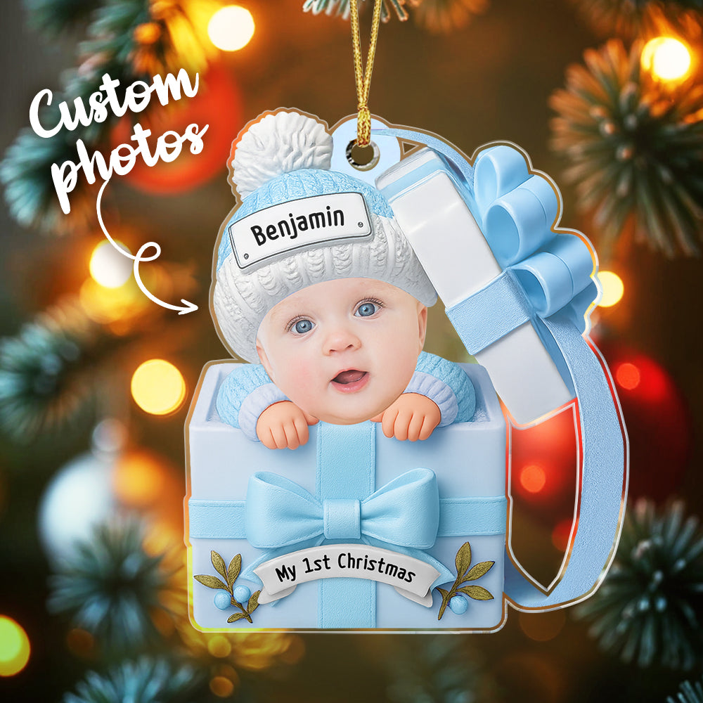 Custom Baby Face & Text Acrylic Ornament – Baby in Gift Box Design Personalized Christmas Keepsake for Newborns