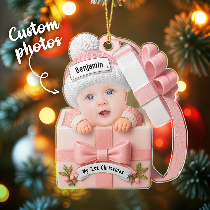 Custom Baby Face & Text Acrylic Ornament – Baby in Gift Box Design Personalized Christmas Keepsake for Newborns