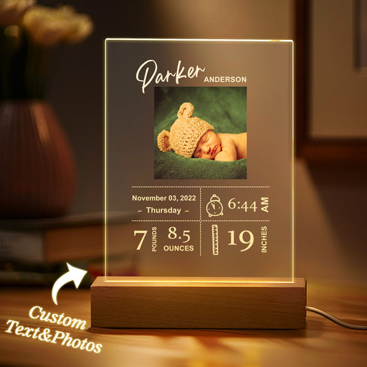 Custom Baby Birth Info Night Light – Personalized Photo Acrylic Lamp Newborn Keepsake Gift & Home Decor