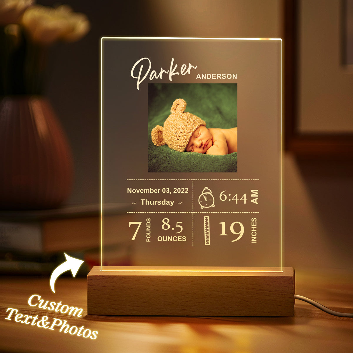 Custom Baby Birth Info Night Light – Personalized Photo Acrylic Lamp Newborn Keepsake Gift & Home Decor