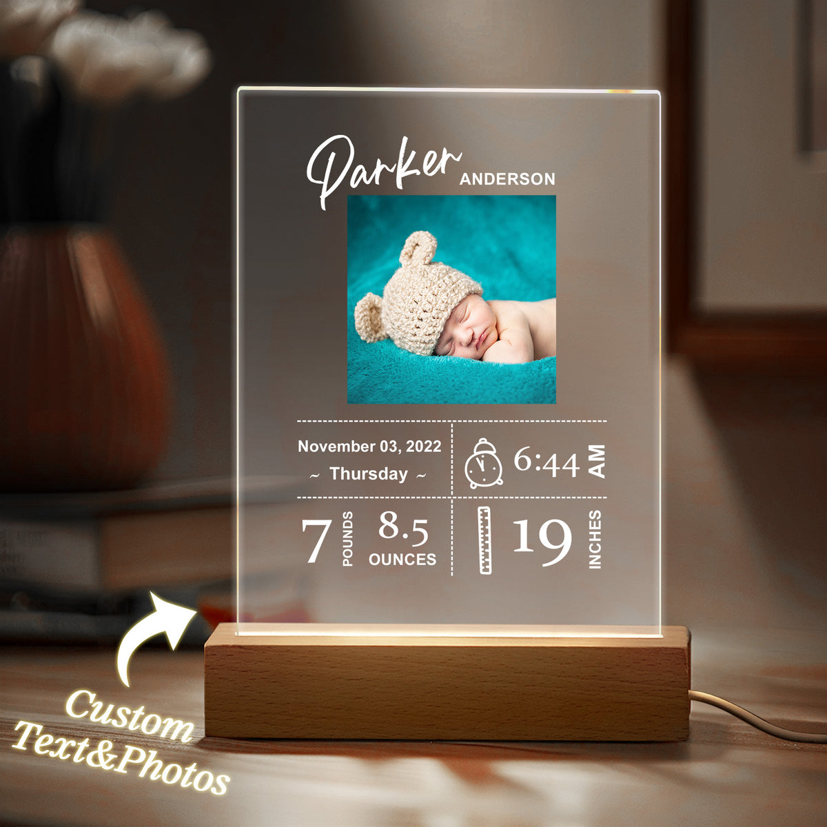 Custom Baby Birth Info Night Light – Personalized Photo Acrylic Lamp Newborn Keepsake Gift & Home Decor