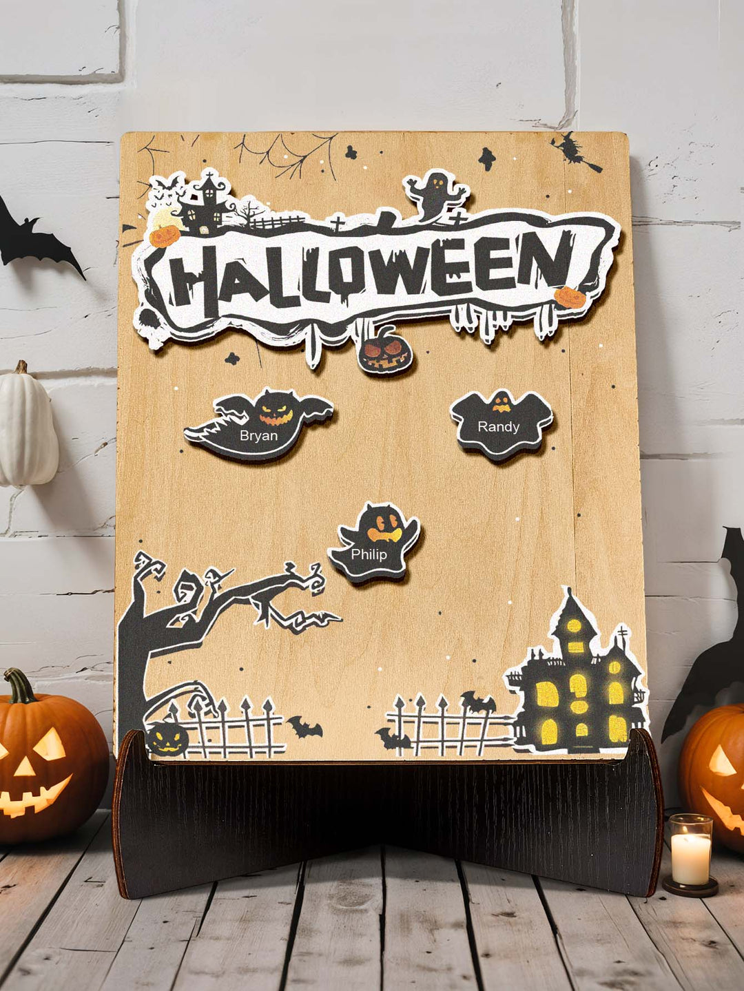 Personalized Hallowmas Wooden Ornament with Name Ghost Plaque for Halloween Gift