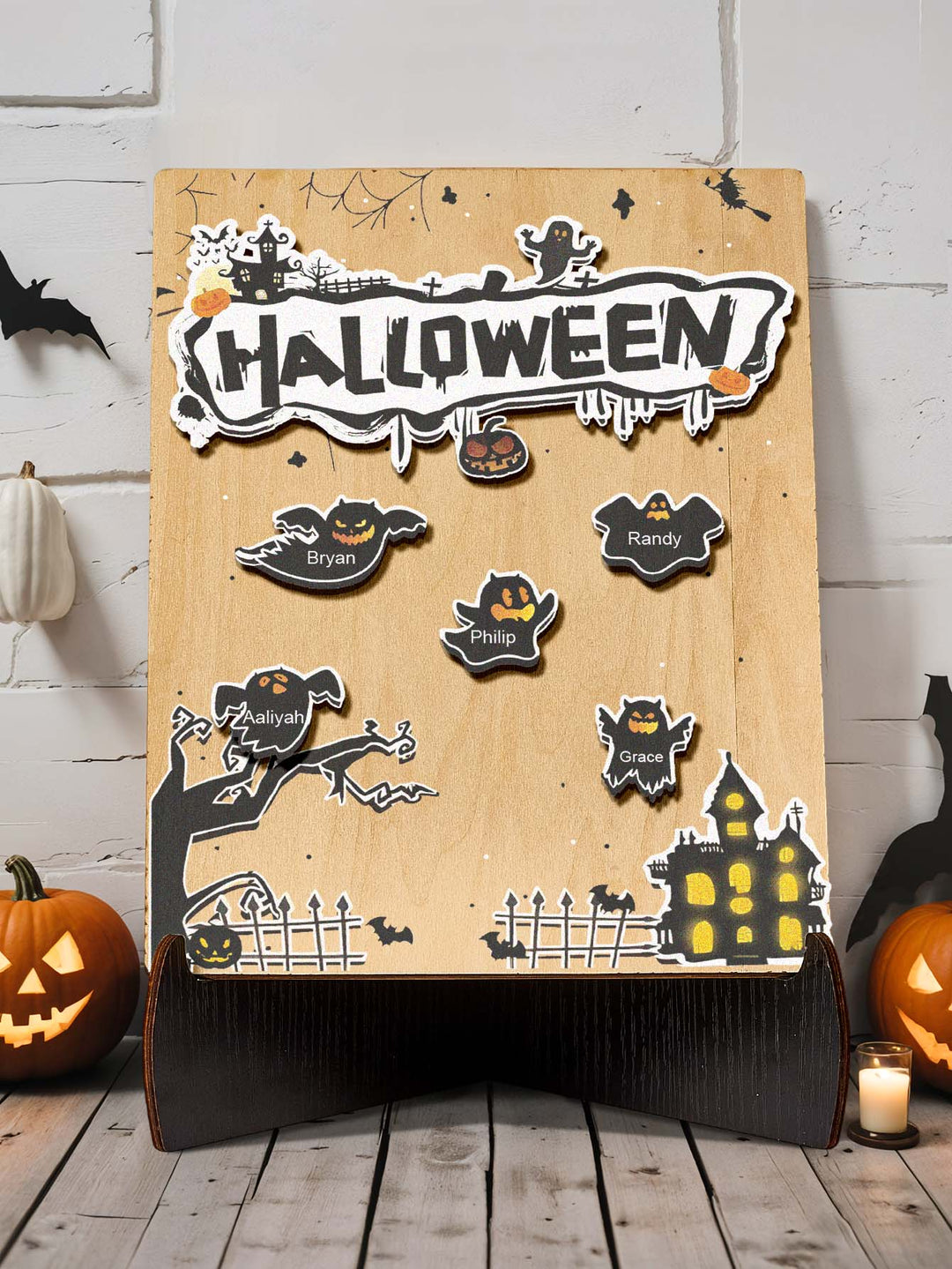 Personalized Hallowmas Wooden Ornament with Name Ghost Plaque for Halloween Gift