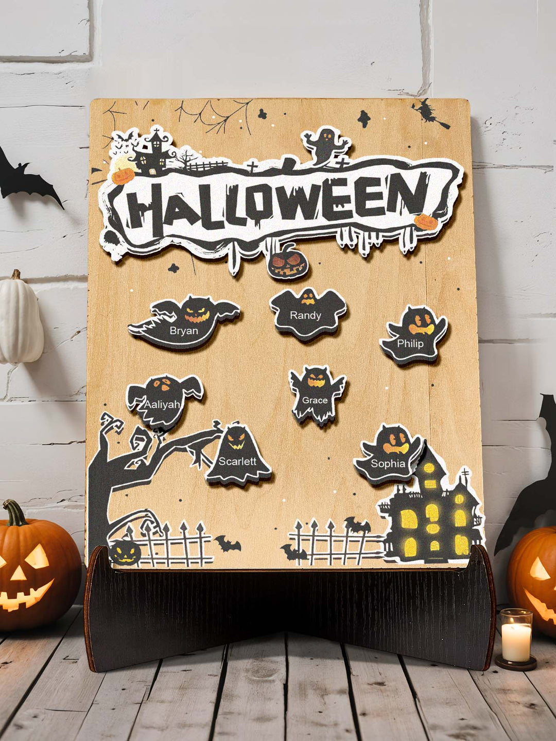 Personalized Hallowmas Wooden Ornament with Name Ghost Plaque for Halloween Gift