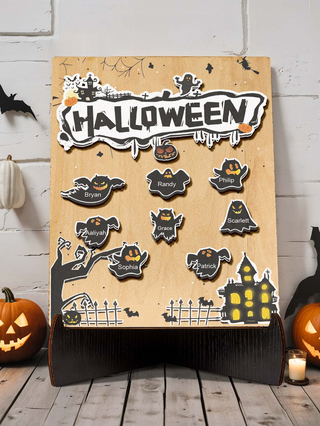 Personalized Hallowmas Wooden Ornament with Name Ghost Plaque for Halloween Gift