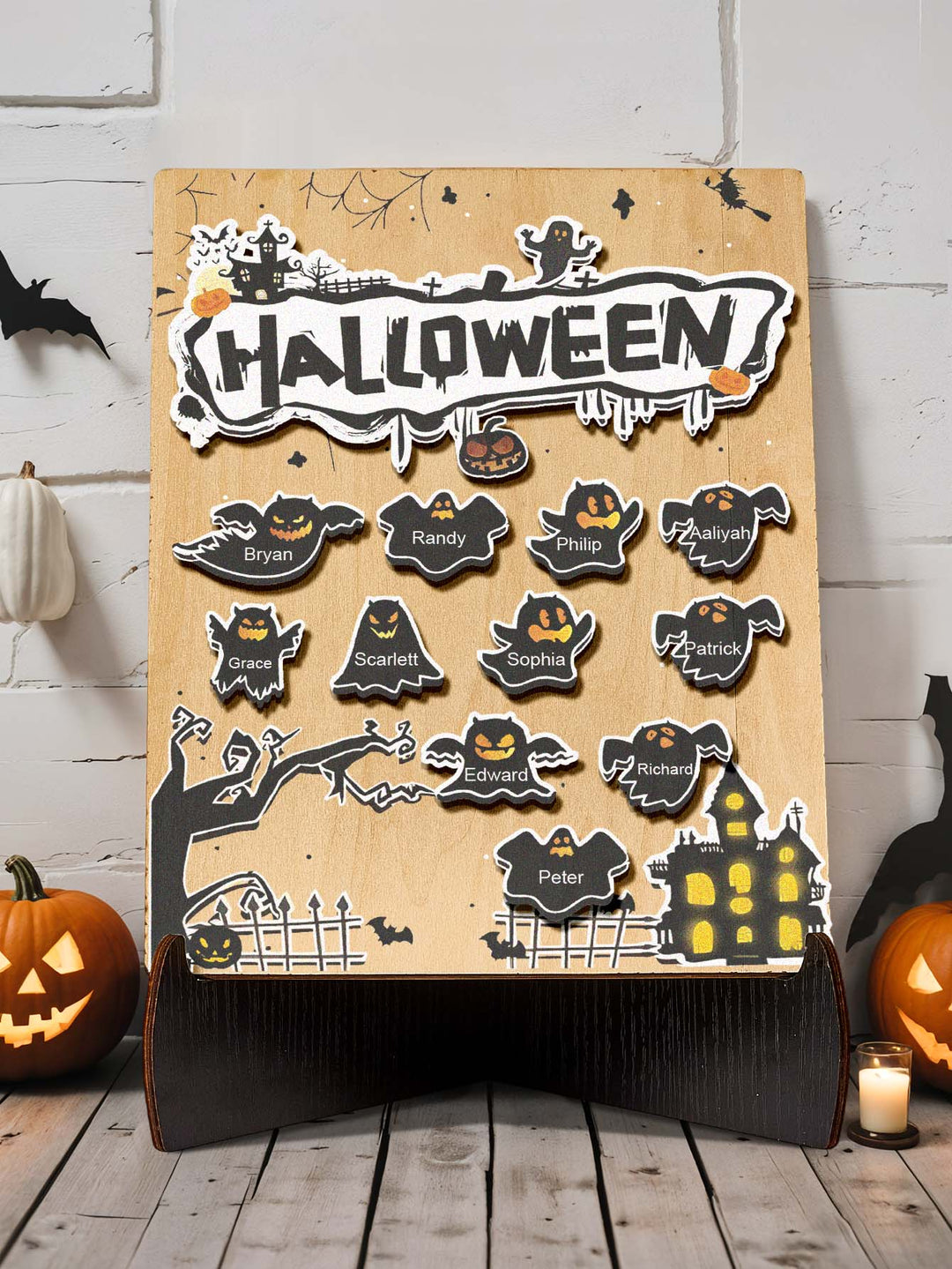 Personalized Hallowmas Wooden Ornament with Name Ghost Plaque for Halloween Gift