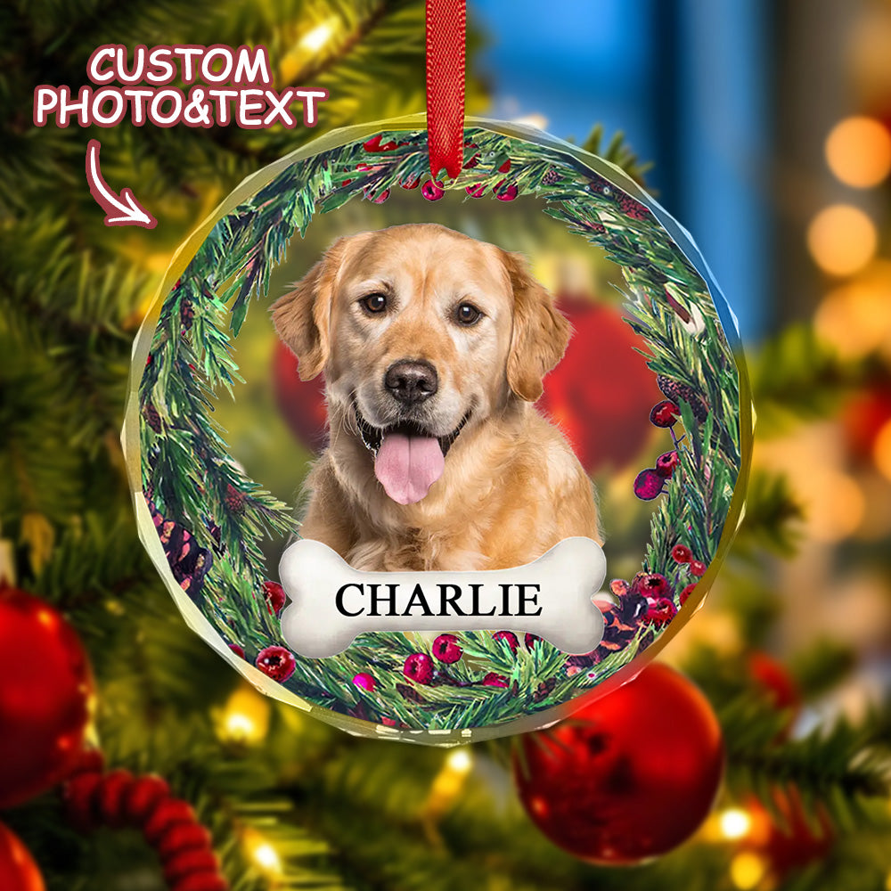 Personalized Pet Photo & Name Christmas Tree Glass Ornament – Custom Holiday Decoration
