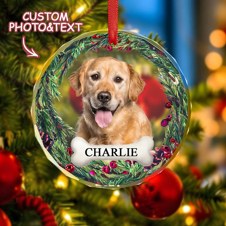 Personalized Pet Photo & Name Christmas Tree Glass Ornament – Custom Holiday Decoration