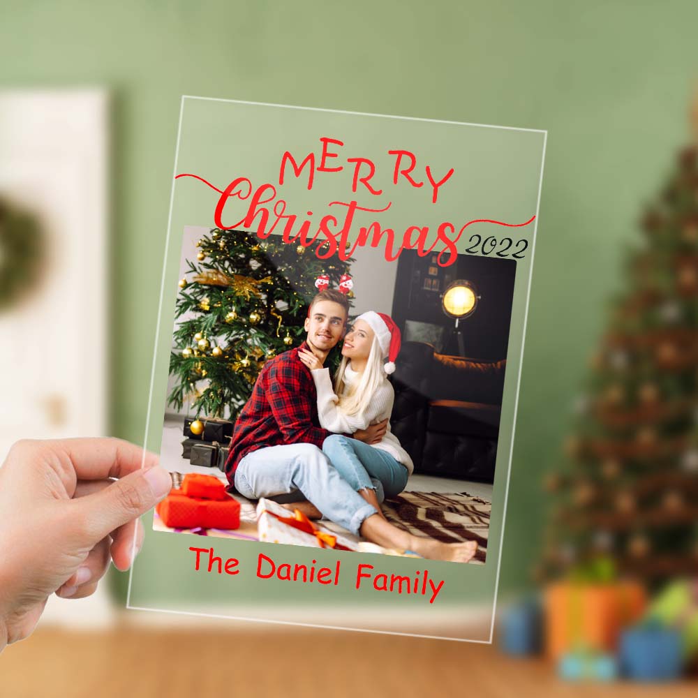 Custom Chirstmas Family Photo Arylic Plaque with Family Name Desk Top Sign