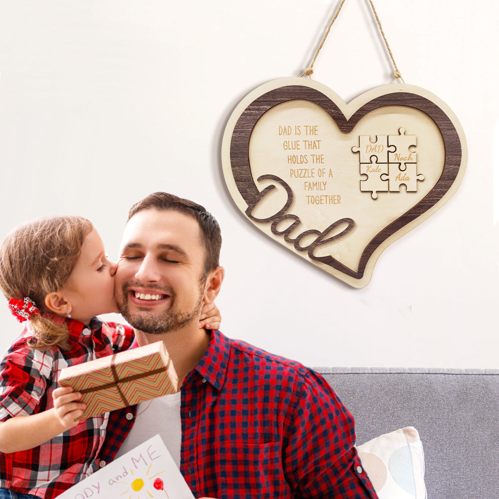 Personalized Wooden Heart Puzzle Sign Father's Day Gift for Dad