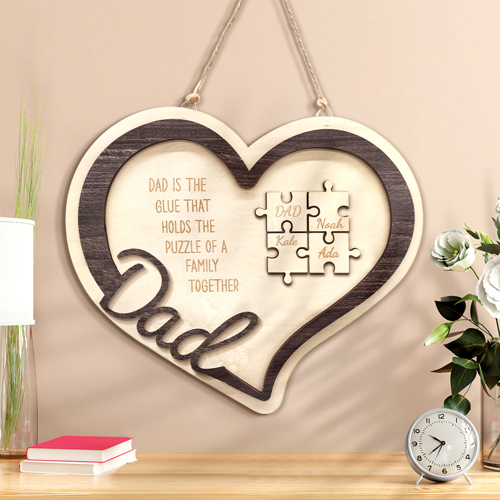 Personalized Wooden Heart Puzzle Sign Father's Day Gift for Dad