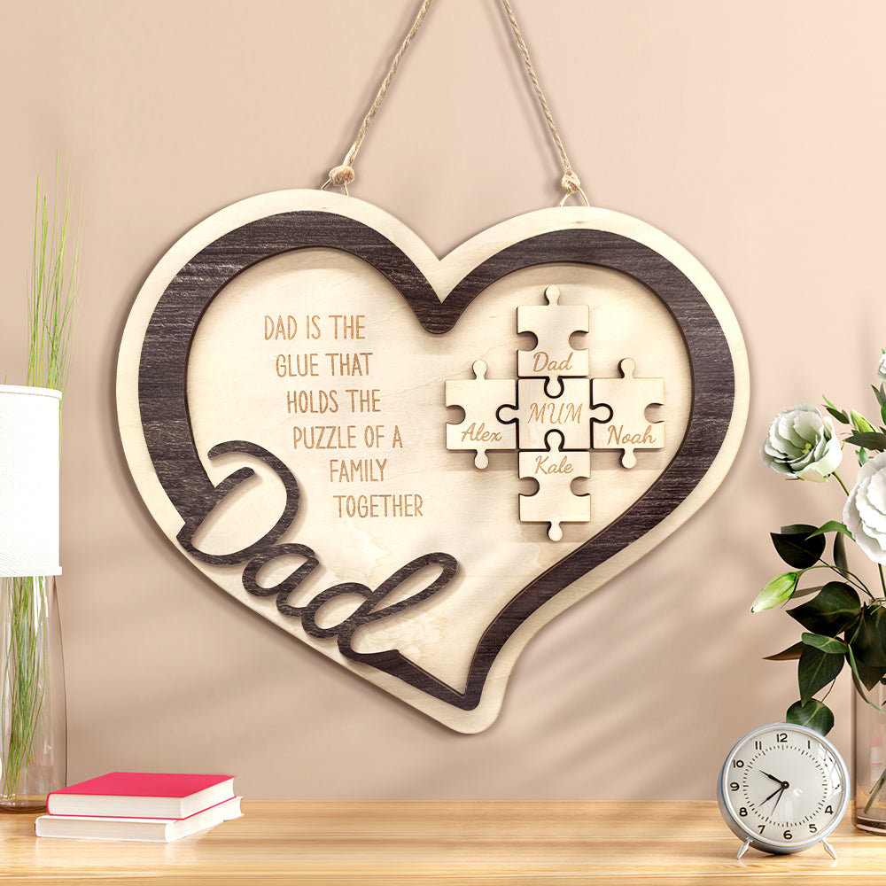 Personalized Wooden Heart Puzzle Sign Father's Day Gift for Dad