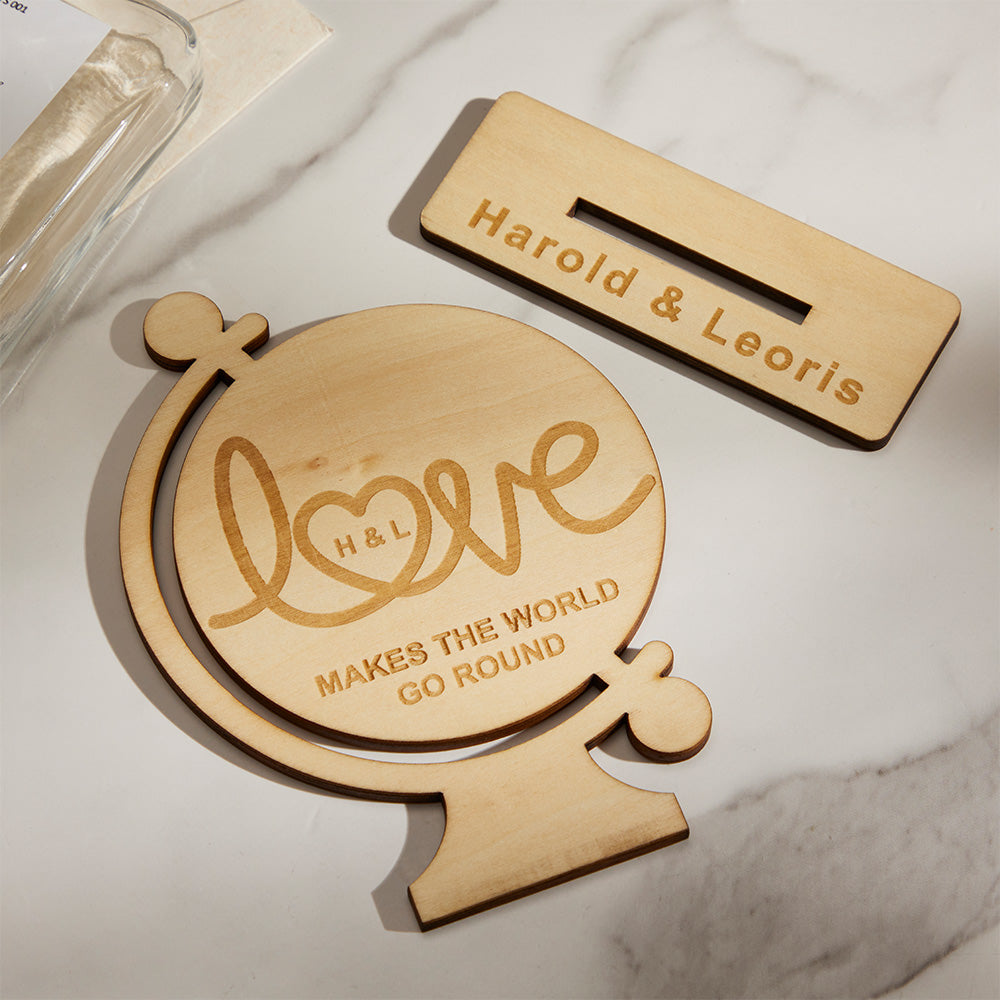 Custom Engraved Love Makes The World Go Round Personalized Wood Keepsake for Couples