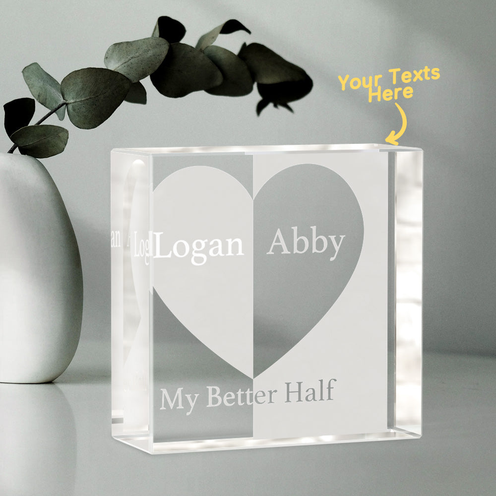 Custom 2D Crystal Engraved Better Half Glass Block Gifts For Couples
