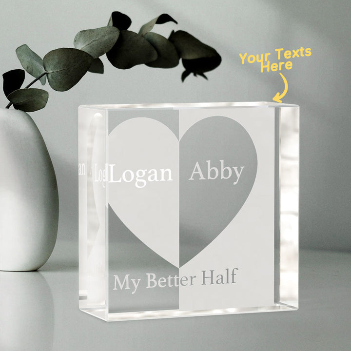 Custom 2D Crystal Engraved Better Half Glass Block Gifts For Couples