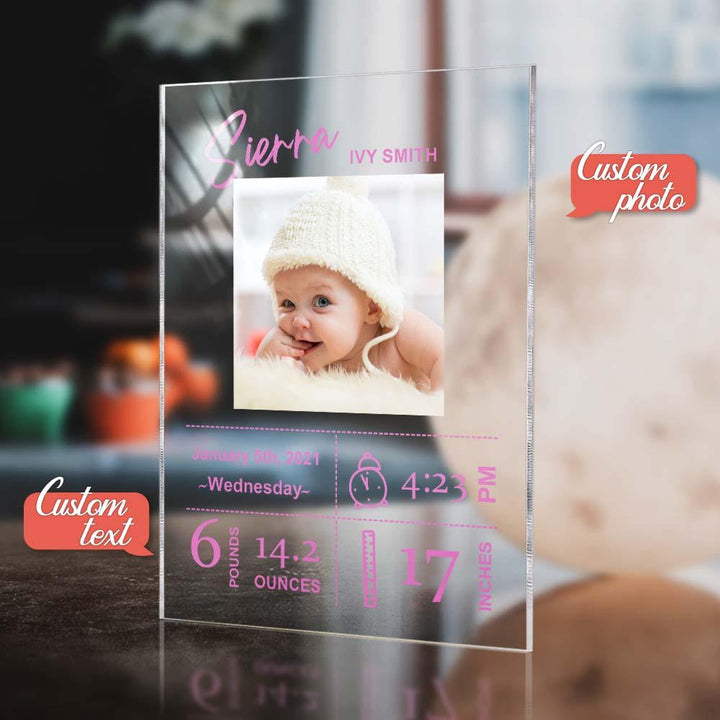 Personalized Photo Custom Baby Birth Stats Acrylic Plaque Newborn Keepsake Gift