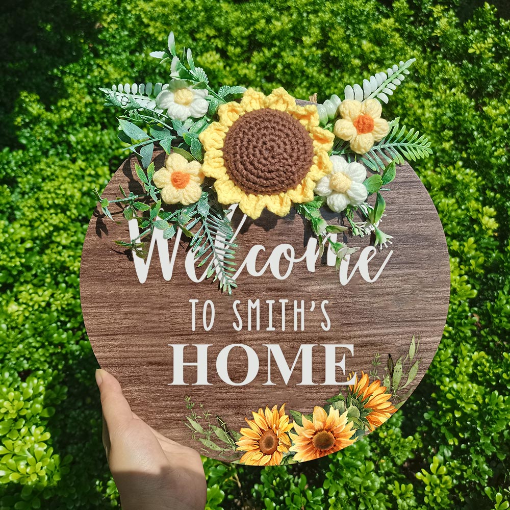 Welcome Door Sign Crocheted Flower Custom Text Front Door Decorations Unique Gifts
