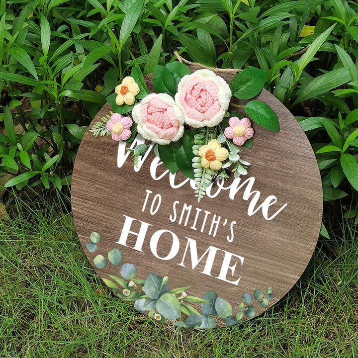 Welcome Door Sign Crocheted Flower Custom Text Front Door Decorations Unique Gifts