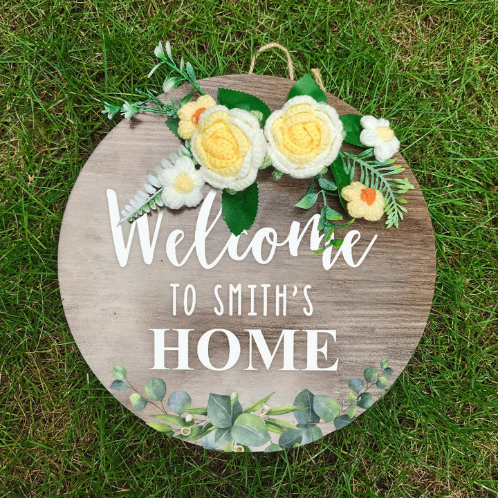 Welcome Door Sign Crocheted Flower Custom Text Front Door Decorations Unique Gifts