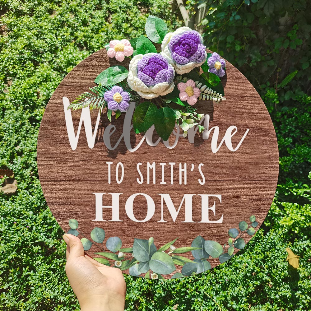 Welcome Door Sign Crocheted Flower Custom Text Front Door Decorations Unique Gifts
