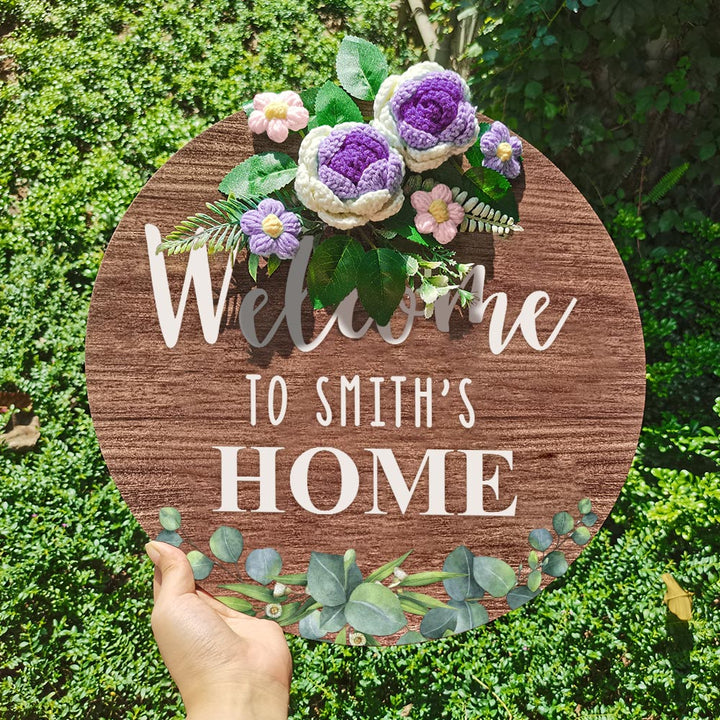 Welcome Door Sign Crocheted Flower Custom Text Front Door Decorations Unique Gifts