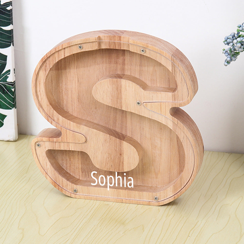 Personalized 26 Letters Piggy Bank Custom Name Wooden Money Box