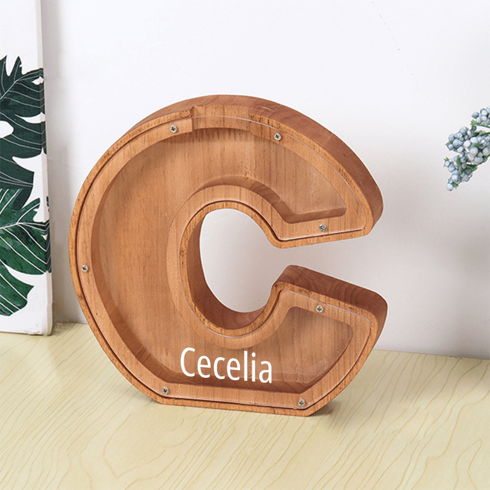 Custom Name Letter Piggy Bank Wooden Engraved Money Box Kids Christmas Gifts