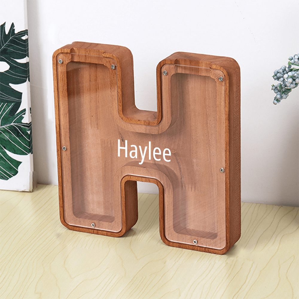 Custom Name Letter Piggy Bank Wooden Engraved Money Box Kids Christmas Gifts