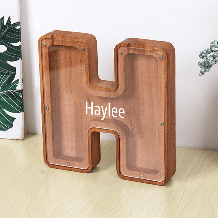 Custom Name Letter Piggy Bank Wooden Engraved Money Box Kids Christmas Gifts