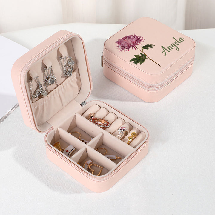 Personalized Name PU Leather Jewelry Box Birthflower Jewelry Organizer Gifts for Her Wedding Gift