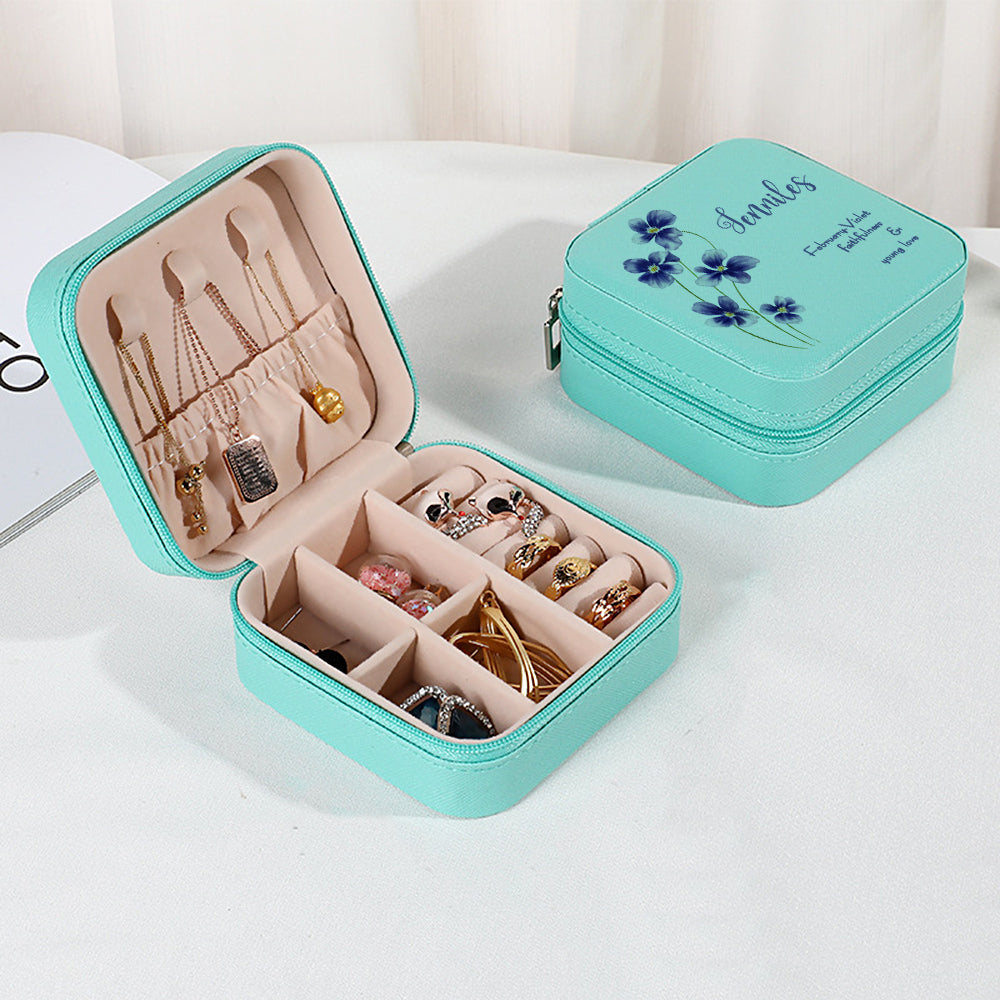 Personalized Birth Flower PU Leather Jewelry Box Bridesmaid Gift for Her