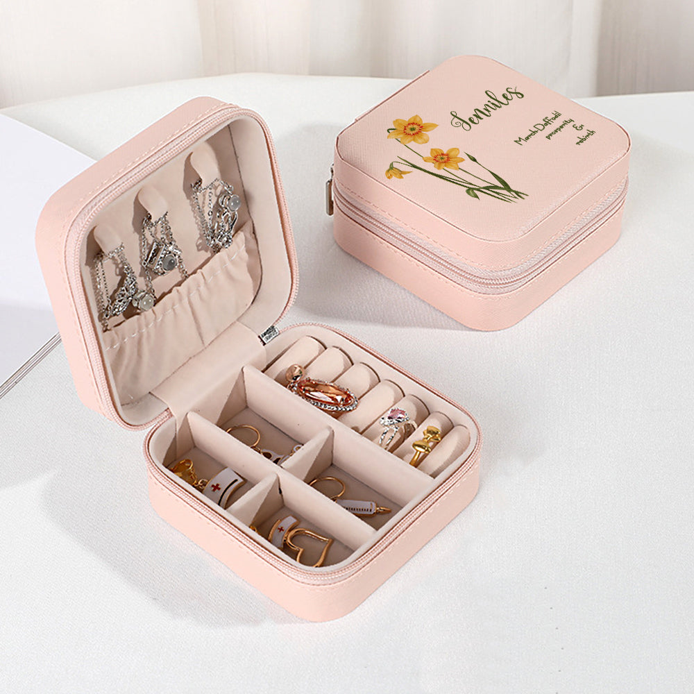 Personalized Birth Flower PU Leather Jewelry Box Bridesmaid Gift for Her